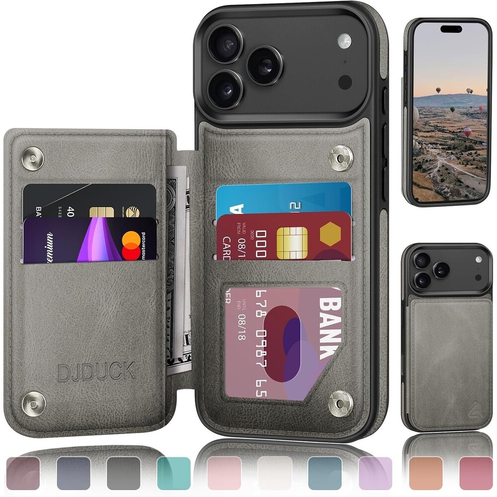 DJDUCK iPhone 17 Pro Max Wallet Case, Card Holder, Magnetic Clasp, Grey